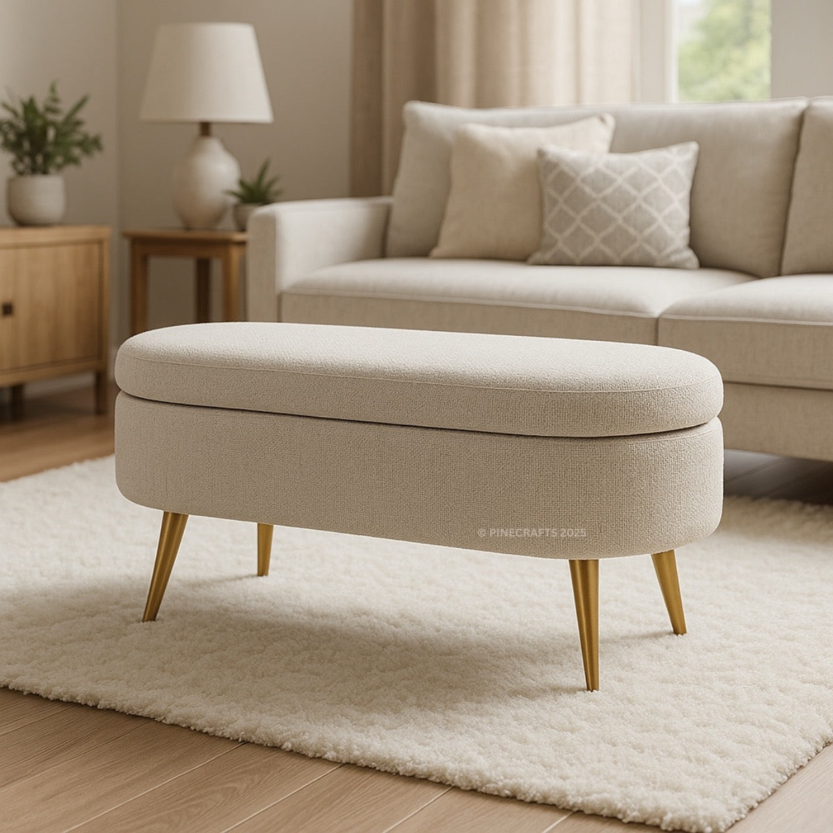 Beige ottoman with storage in a living room setting